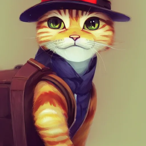 Image similar to a train conductor tabby cat, wearing a train conductor hat. By Makoto Shinkai, Stanley Artgerm Lau, WLOP, Rossdraws, James Jean, Andrei Riabovitchev, Marc Simonetti, krenz cushart, Sakimichan, trending on ArtStation, digital art.