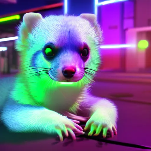 Prompt: neon fluorescent, iridescent cute ferrets cyperpunk 2 0 7 7, unreal engine 5, 8 k ultra realistic, hyperdetailed, volumetric lighting, extremely high quality