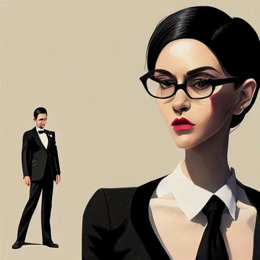 Prompt: slim girl in black tuxedo, corporate boss, luxury, 2d, ultra highly detailed, smooth, sharp focus, digital art, digital painting, fan art, elegant, artstation, by Ilya Kuvshinov