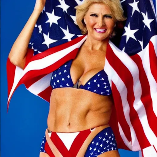 Image similar to Donald Trump in a bikini and wearing the American flag as a cape, 8k, high definition, highly detailed, photorealistic