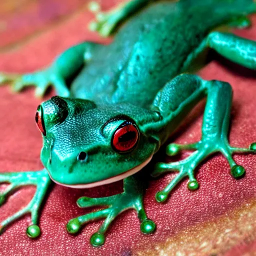 Prompt: photo { teal frog } with { red!! eyes }