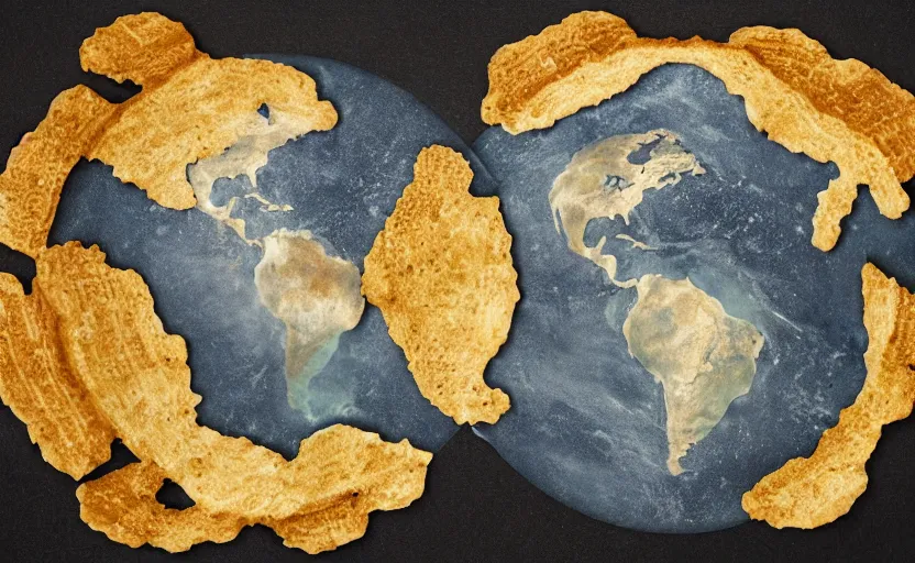 Prompt: the image of earth and earth\'s continents projected onto a waffle, scientific diagrams, math equations, infographics, charts, graphs, magazine article, syrup, space