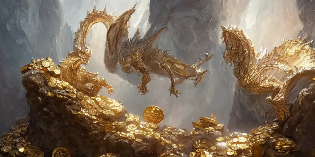 Image similar to concept art of a white scaled dragon laying on a mountain of golden coins and precious jewels inside a castle, medieval, jewels, gold, painting by wlop, nixeu and greg rutkowski, beautiful, semirealism, artstation, octane render, sharpness, 8 k, golden ratio