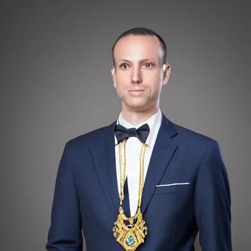 Image similar to portrait of Anubis wearing an elegant suit with a shiny gold necklace, looking at the camera, black background, studio light