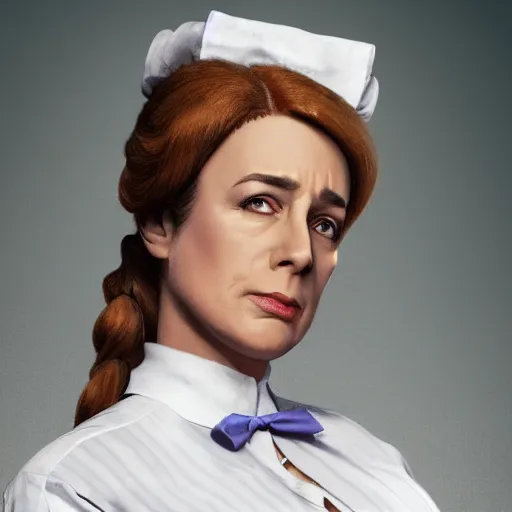 Image similar to Film still of female Saul Goodman wearing a maid outfit, trending on artstation, artstationHD, artstationHQ