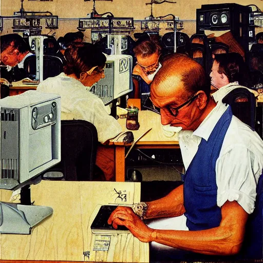 Image similar to painting of a person working on a computer, painting by Norman Rockwell