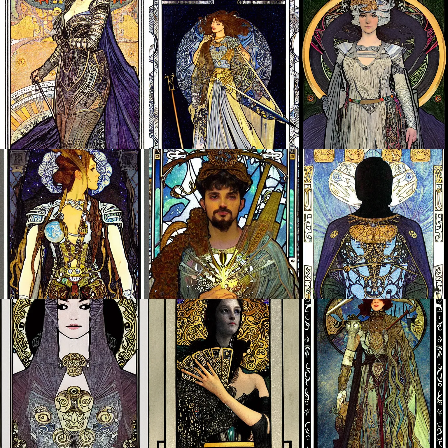 Prompt: detailing tarot card illustration portrait painting of black knight , high fantasy, mythic , male, art station, trending, editor’s pickup, delicate detailing silver stroke, by Alphonse Mucha and Gustav Klimt, Rembrandt