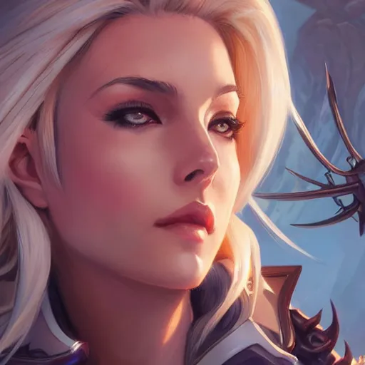 Prompt: Closeup of Mercy from Overwatch, D&D, fantasy, intricate, elegant, highly detailed, digital painting, artstation, concept art, matte, sharp focus, illustration, hearthstone, art by Artgerm and Greg Rutkowski and Alphonse Mucha