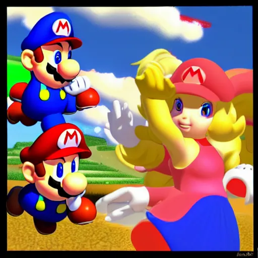 Prompt: picture with Mario in the top left corner and princess peach in bottom right corner rule of thirds