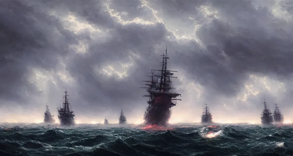 Prompt: fleet of giant sailing battleships, raging sea foggy, dramatic, action scene, lightningstorm background, shipfleet on the horizon, high detail, greg rutkowski, james gurney, gene wolfe, gustave dore, jesper ejsing, rhads, makoto shinkai, ilya kuvshinov