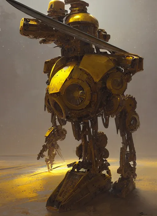 Image similar to human-sized strong intricate humanoid yellow pit droid carrying very detailed perfect antique great sword and beautiful large paladin shield, pancake short large head, exposed metal bones, painterly mecha, by Greg Rutkowski