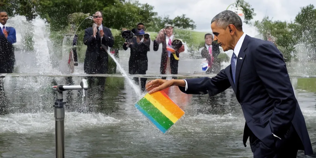 Prompt: President Obama pouring rainbows into the drinking water supply