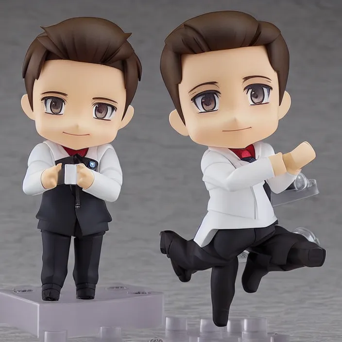 Image similar to a anime nendoroid of elon musk wear giorgio armani suits and black shoe, car tesla 3, figurine, smile, product photo, detailed