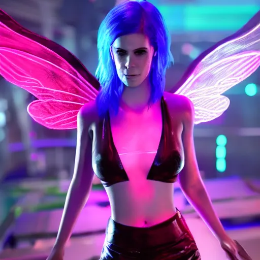 Prompt: neon fluorescent, iridescent kate mara with fairy wings cyperpunk 2 0 7 7, unreal engine 5, 8 k ultra life like, photo realistic, hyperdetailed, volumetric lighting, extremely high quality