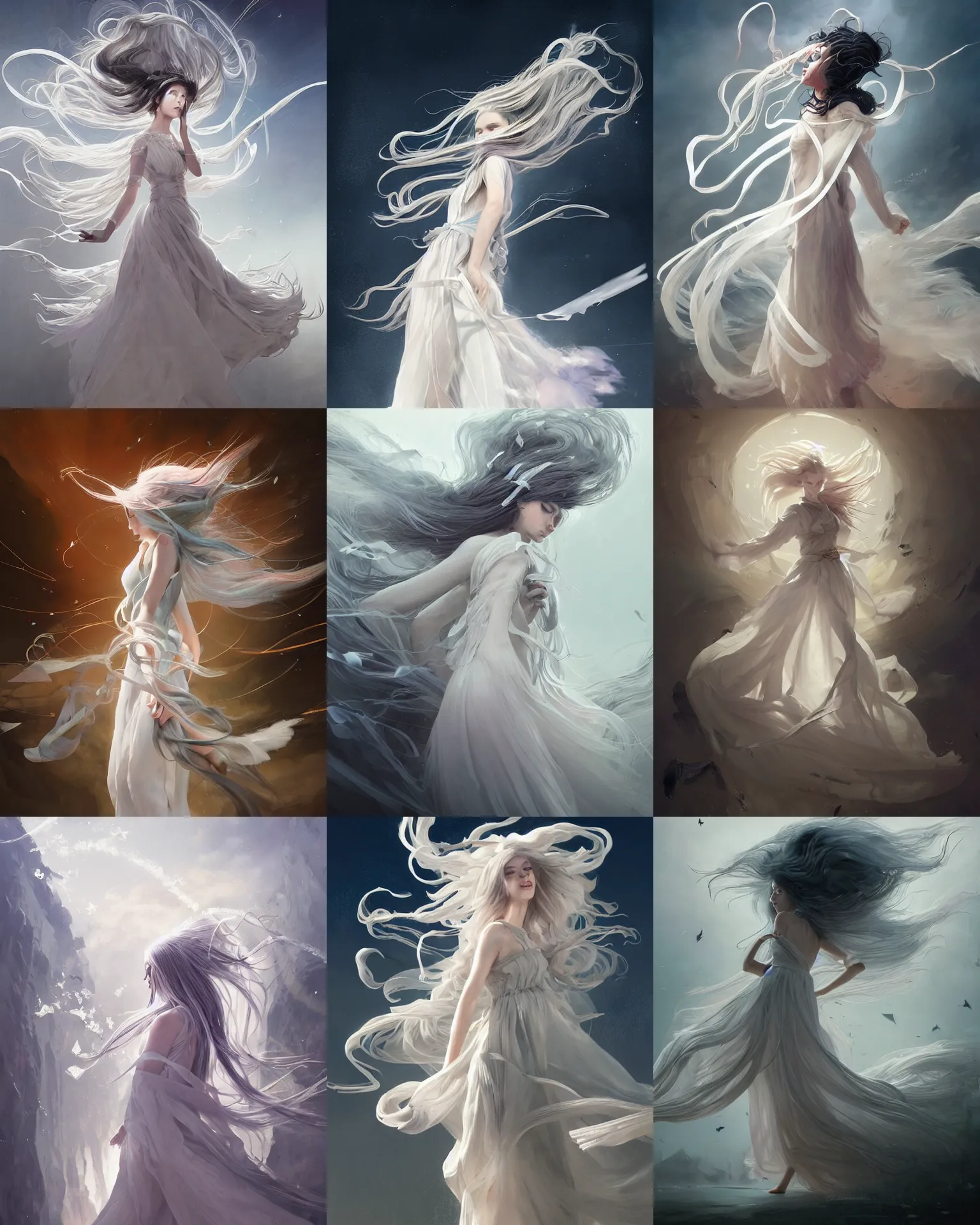 Prompt: museum curator of abstract work with long white hair and a beautiful dress with ribbons, tornado, windy, magnificent, medium shot, close up, details, sharp focus, elegant, highly detailed, illustration, by Jordan Grimmer and greg rutkowski and PiNe(パイネ) and 薯子Imoko and 香川悠作 and wlop and maya takamura, intricate, beautiful, Trending artstation, pixiv, digital Art