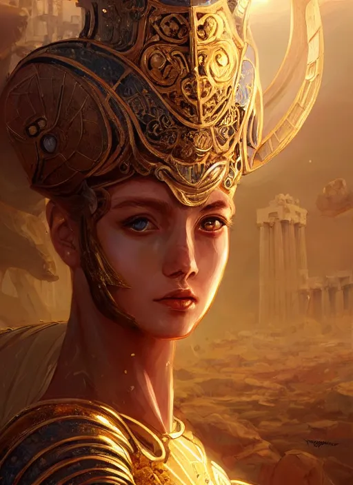 Image similar to portrait knights of zodiac girl, golden and copper shining armor, in ruined agora of athens sunrise, ssci - fi and fantasy, intricate and very very beautiful and elegant, highly detailed, digital painting, artstation, concept art, smooth and sharp focus, illustration, art by ilya kuvshinov and tian zi and wlop and z - - ed