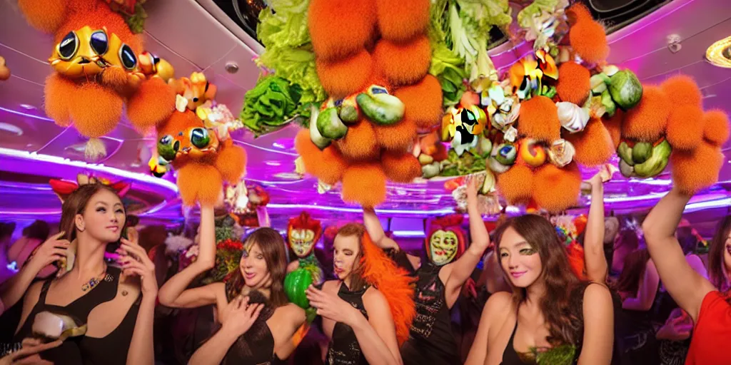 Image similar to 8 k uhd cinema 4 d, octane render of multiple cats dressed as vegetables with vegetables as masks, vegetables dressed as cats with fluffy tails, line dancing at a party, in the ballroom of a luxury cruise liner, beautiful chandeliers from the ceiling, ultra realistic, group photography, 1 0 5 mm lens, multi coloured volumetric lighting