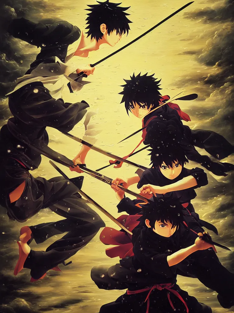 Image similar to baroque oil painting of key visual ninja duel, rain, rule of thirds golden ratio, fake detail, trending pixiv fanbox, acrylic palette knife, style of makoto shinkai takashi takeuchi yoshiyuki sadamoto