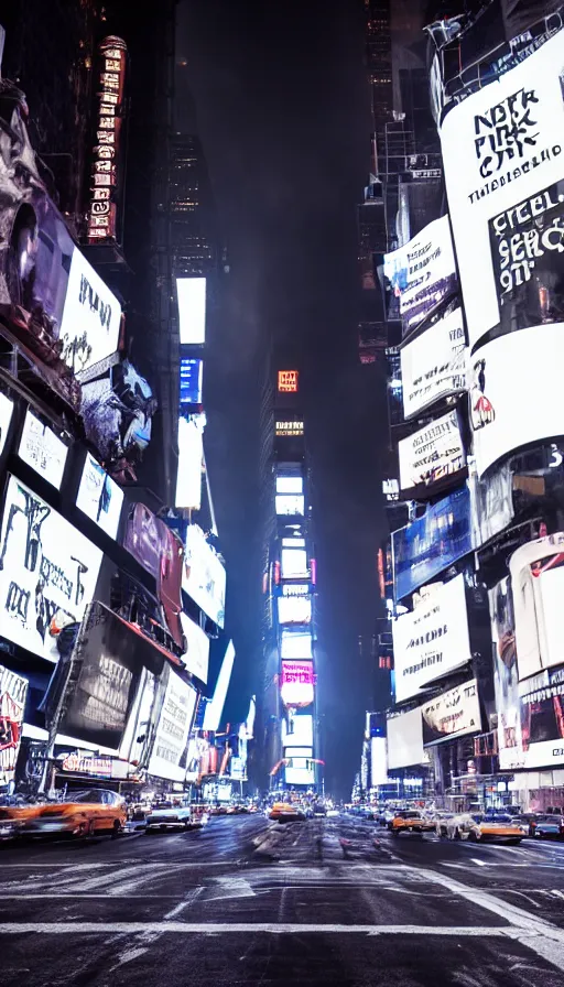 Image similar to 8k high resolution photograph of cyber punk New York Times Square on a foggy night, futuristic, wires hanging across the street, flying cars, neon signs,