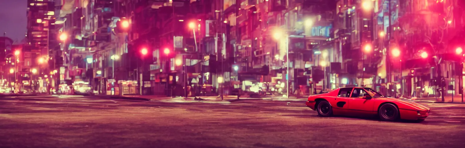 Prompt: 80s red sports car, parked on deserted city street at night time, purple lighted street, wide angle, cinematic, retrowave vibes, grainy, soft motion blur, VHS Screencap