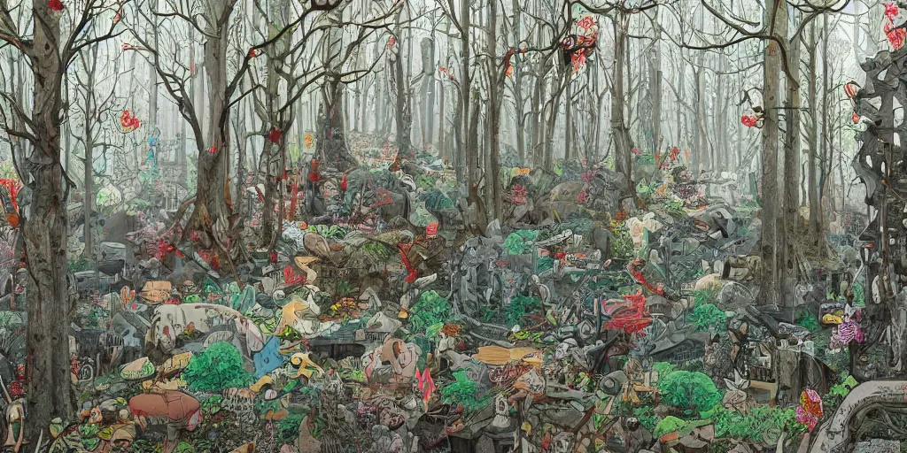 Prompt: painted forest landscape in the year 2020 with a single small brutalism monument in the center by james jean