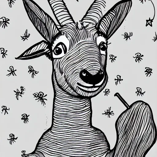Image similar to billy the disney goat with a churro in his mouth, high quality line art