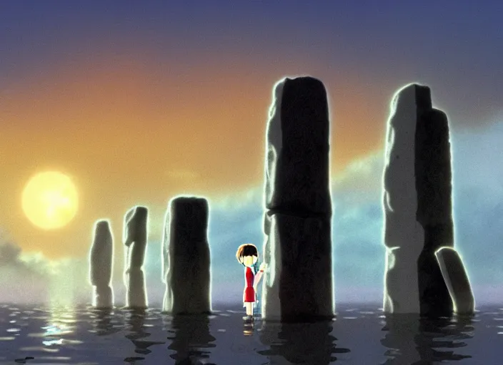 Image similar to a realistic cell - shaded studio ghibli concept art from paprika ( 2 0 0 6 ) of a magic ritual from close encounters of the third kind ( 1 9 7 7 ) and a grey creature meditating on top of a pillar in a flooded stonehenge on a misty starry night. very dull colors, hd, 4 k, hq