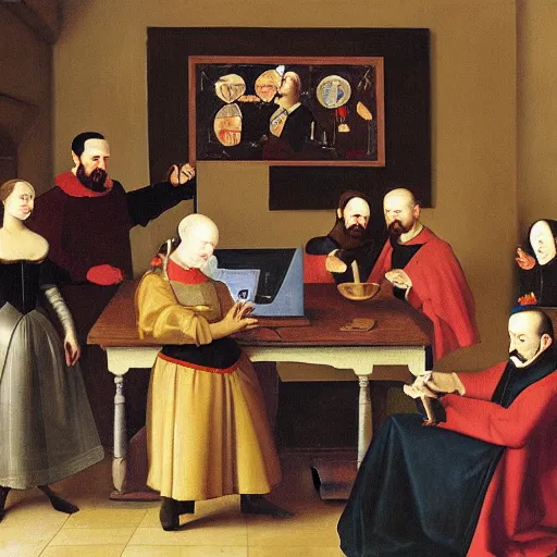 Image similar to a painting of a medieval era group of people looking at a computer in the style of diego velazquez