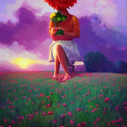 Image similar to giant daisy flower head, girl sitting in a flower field, surreal photography, sunrise, dramatic light, impressionist painting, colorful clouds, digital painting, artstation, simon stalenhag