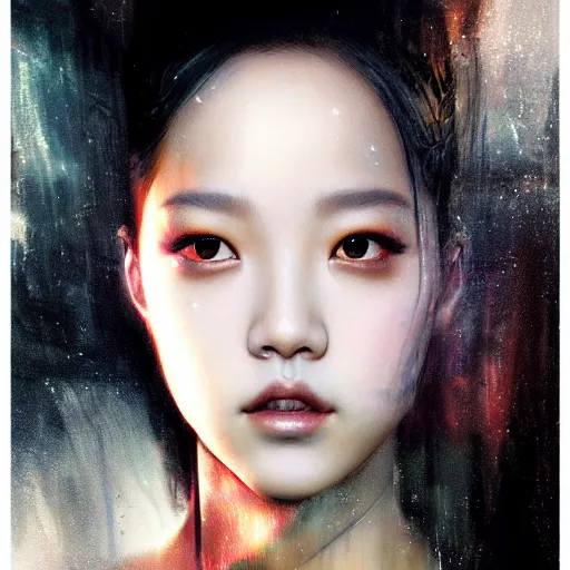 Image similar to jisoo of blackpink, snake, hyperrealistic portrait, bladerunner street, by karol bak and agnes cecile, album cover, fantasy art, photo realistic, dynamic lighting, artstation, poster, volumetric lighting, very detailed face, 8 k, award winning