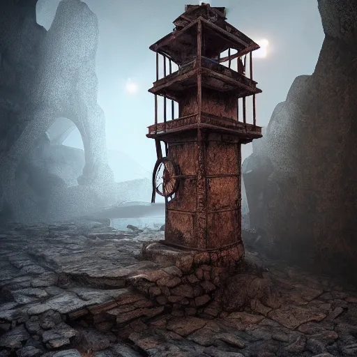 Image similar to an abandoned old rusty clocktower in a dark enormous cave dream photography, painting, perfectly balanced light, digital art, unreal engine, trending on artstation,