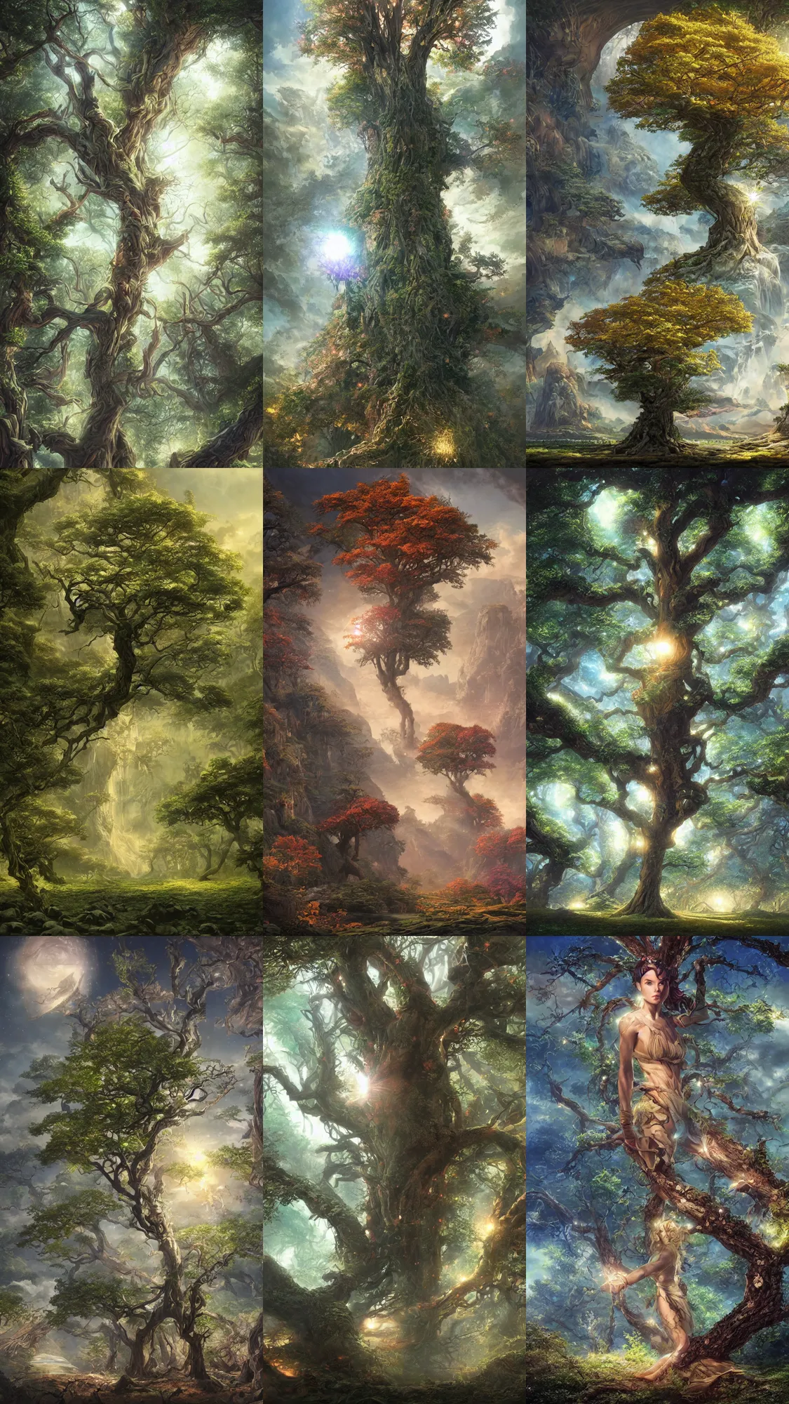 Prompt: tree of four seasons, volymetric light, highly detailed matte painting, noriyoshi ohrai, charlie bowater, mark brooks