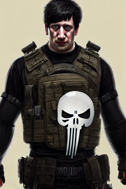 Prompt: Boris Johnson as Punisher, bulletproof vest, realistic portrait, symmetrical, highly detailed, digital painting, artstation, concept art, smooth, sharp focus, illustration, cinematic lighting, art by artgerm and greg rutkowski and alphonse mucha