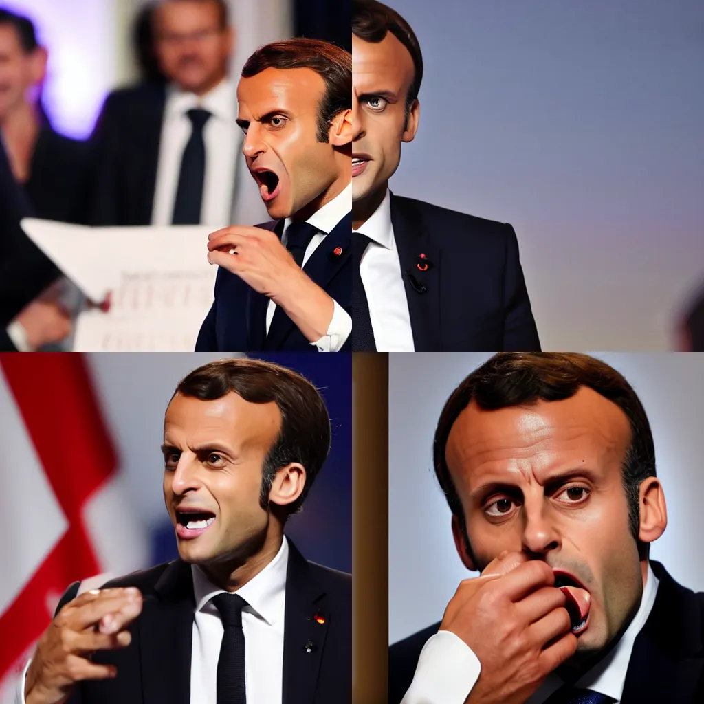 Prompt: emanuel macron shouting at midnight furiously