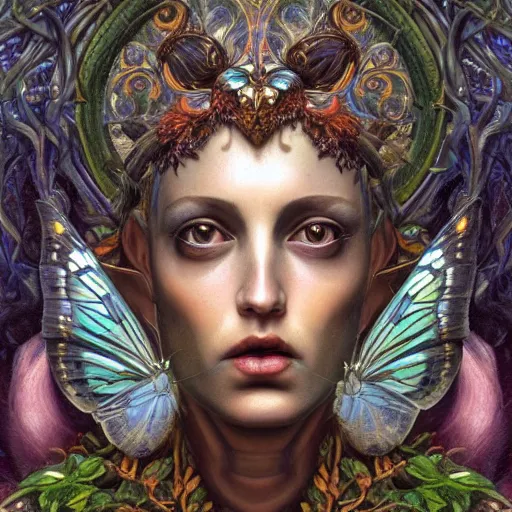 Prompt: a baroque neoclassicist closeup renaissance portrait of a beautiful forest queen with glowing eyes, moth wings with iridescent geometric patterns, reflective detailed textures, dark fantasy science fiction painting by diego rivera and donato giancola and jean delville and nicholas roerich, goth, dramatic lighting, gleaming silver and rich colors, artstation, octane render