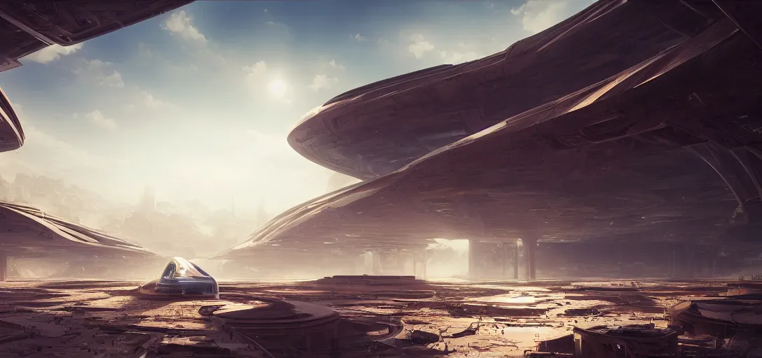 Image similar to view from the ground of an abandoned futuristic desert brutalist city, light rays, symmetry, cinematic lighting, ultra detailed, sharp, ambient occlusion, bloom, raytracing, by greg rutowski, finnian macmanus and jessica rossier