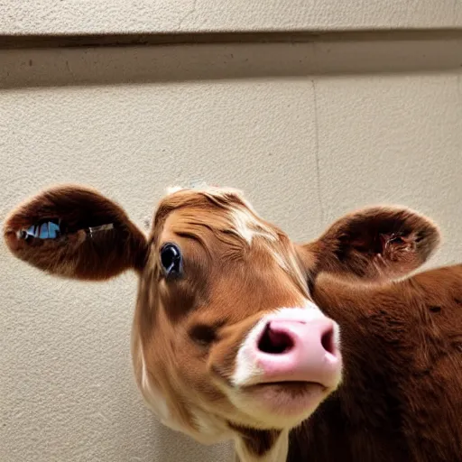 Image similar to mugshot of a cute calf dressed as an inmate inside a jailcell