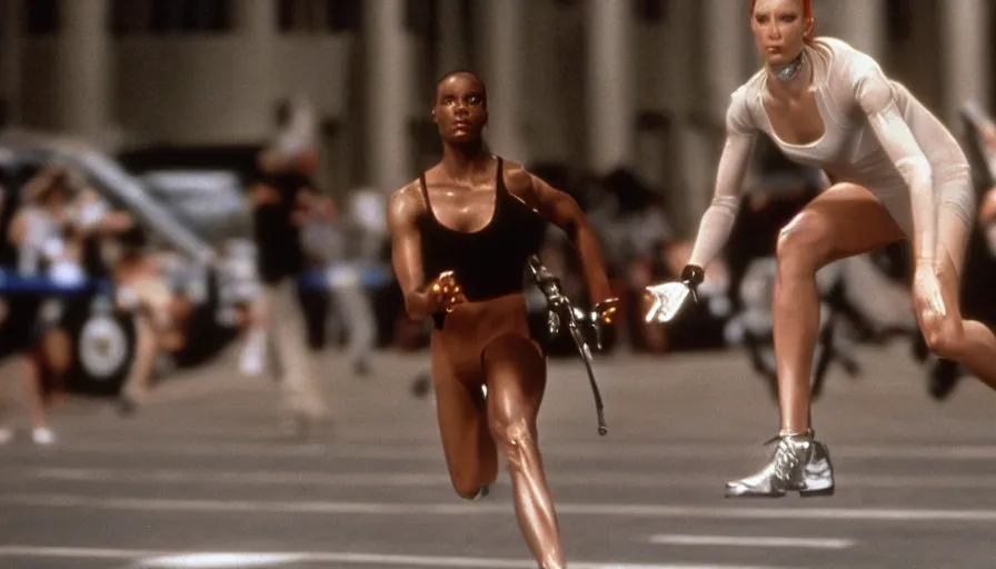 Image similar to The matrix, LeeLoo, Starship Troopers, Olivia Pope, 1990's Olympics footage, Sprinter athletes recovering from a race, tuning their mechanical legs with mechanics helping, intense moment, cinematic stillframe, dramatic lighting, The fifth element, vintage robotics, formula 1, starring Geena Davis