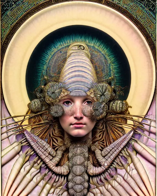 Image similar to hyperrealistic detailed face portrait of the beautiful goddess of the giant isopods with an intricate golden ornamental geometrical fractal giant isopod masked headdress, art by ernst haeckel, john william godward, android jones, alphonso mucha, h. r. giger, gothic - cyberpunk, ornamental, dimmed pastel colours,