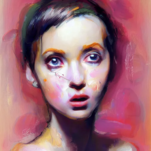 Prompt: portrait of a beautiful stunning young woman sitting with full very cute face big eyes full figure seductive sensual alluring attractive, in the style of disco elysium, expressionism, artstation, trending, by aleksander rostov, jenny saville, rembrandt, alex kanevsky, wassily kandinsky, dave mckean, yoshitaka amano