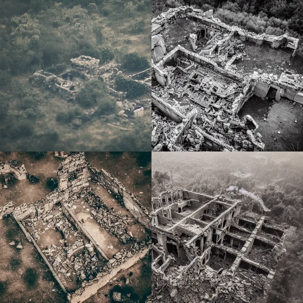 Prompt: A bird view close-up photo of a destroyed ruins of a village, 4k, dramatic, smoke