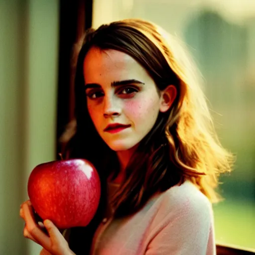 Image similar to Photograph of Emma Watson holding a pink apple by the window. Golden hour, dramatic lighting. Medium shot. CineStill