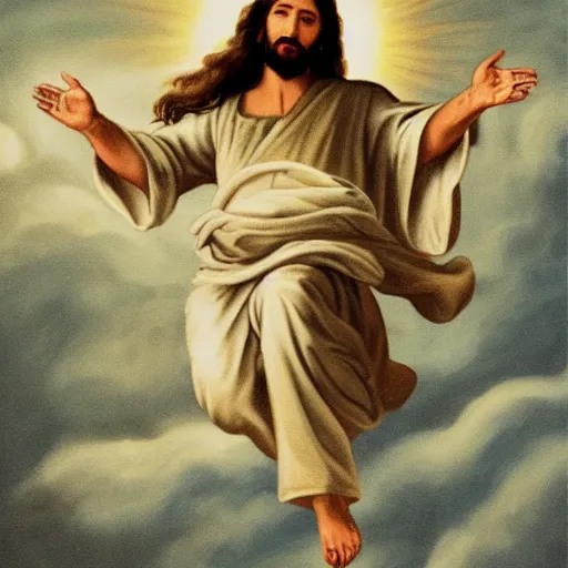 Prompt: a painting of jesus christ riding a kinton cloud, hyper realistic content, frontal hyperdetailed realistic content, remove duplicate content