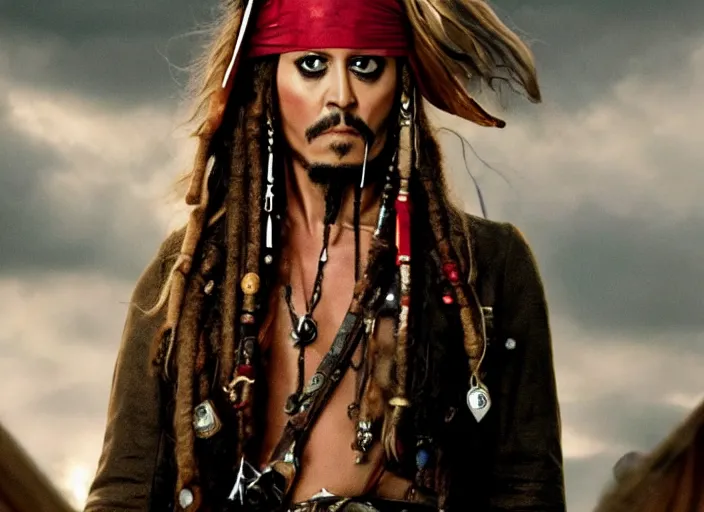 Image similar to film still of amber heard as captain jack sparrow in the new pirates of the carribean movie, 4 k