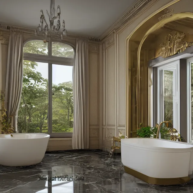 Image similar to marble bathroom interior, bathtub with golden faucet, wood cabinets, marble floor, large window in back with vermont fall foliage river view, large potted plant, realistic, unreal engine render, octane render, hyper realistic, photo, 8 k