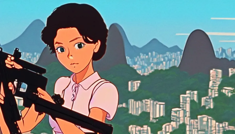 Image similar to 1 9 8 6 movie screencap of a girl with a gun on a rio de janeiro, gucci clothes, studio ghibli sky, beautiful favela background extremely utra high quality artwork 8 k