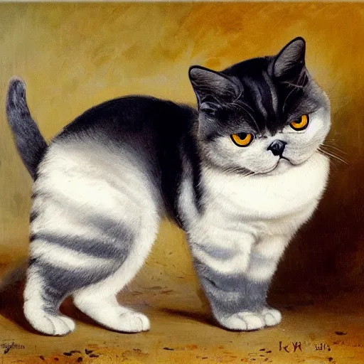 Prompt: exotic shorthair cat, solid grey, beautiful painting by henriette ronner - knip