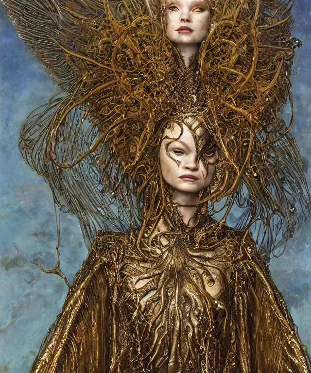 Prompt: a portrait photograph of a masked sadie sink as a strong alien harpy queen with amphibian skin. she is dressed in a bronze lace shiny metal slimy organic membrane catsuit and transforming into a insectoid snake bird. by donato giancola, walton ford, ernst haeckel, peter mohrbacher, hr giger. 8 k, cgsociety, fashion editorial