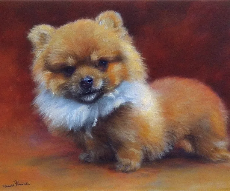 Image similar to brown pomeranian, cute, monet, water painting