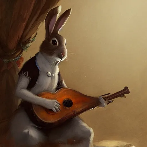 Image similar to An anthropomorphic rabbit plays the lute, highly detailed, artstation, greg rutkowski